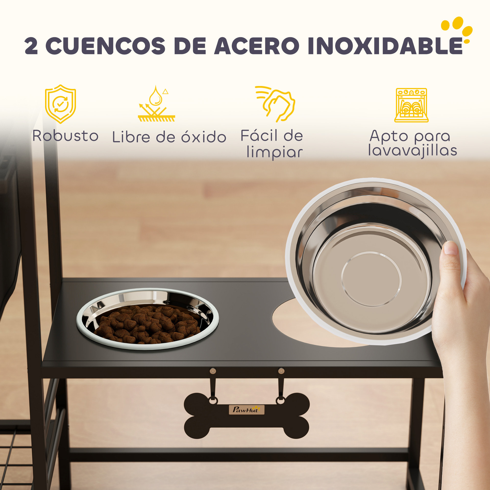 Comedero Perro Elevado con Cajón de Tela, Cuencos Elevados con 2 Cuencos de Acero Inoxidable 2x800 ml, Altura Ajustable, 2 Estantes, para Perros Pequeños y Medianos, Negro