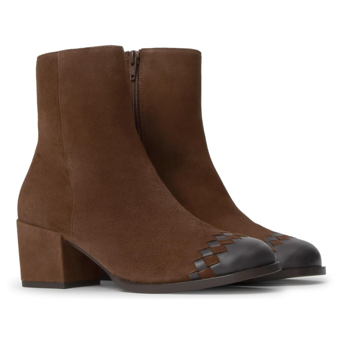Botín de tacón Nadia en ante y cuero trenzados con cierre de cremallera