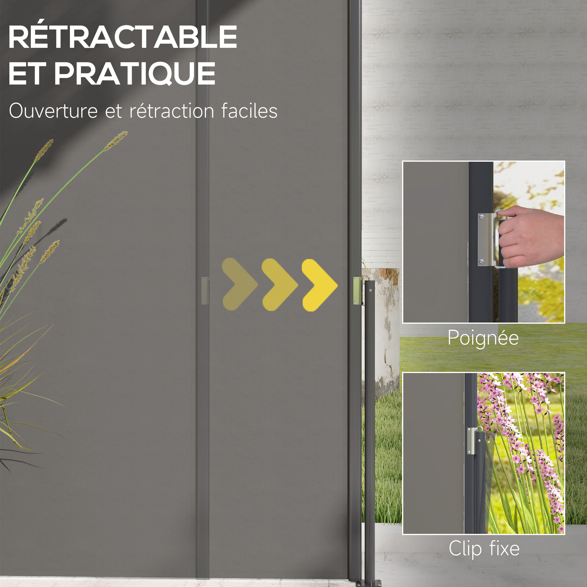 Store latéral brise-vue paravent rétractable de jardin dim. 3 x 1,4 m alu. polyester gris foncé