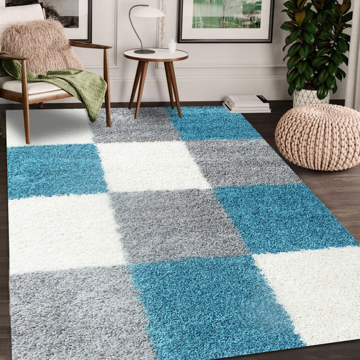 Tapis poils longs shaggy tissé motif damier JOJU