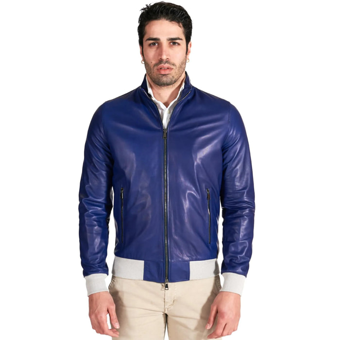 Giubbotto bomber in pelle naturale blu elettrico collo coreana