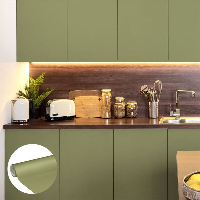 Rouleau adhésif décoratif Vinyle au Mètre - Vert olive - Sticker Lavable Imperméable Mur Cuisine Meubles