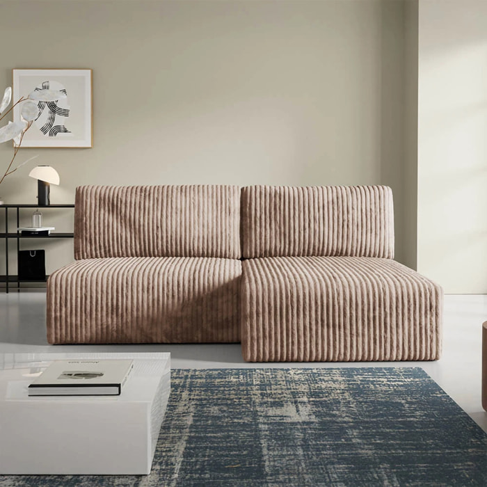 ELIOR - Canapé d'angle convertible et modulable 4 places en côtelé taupe