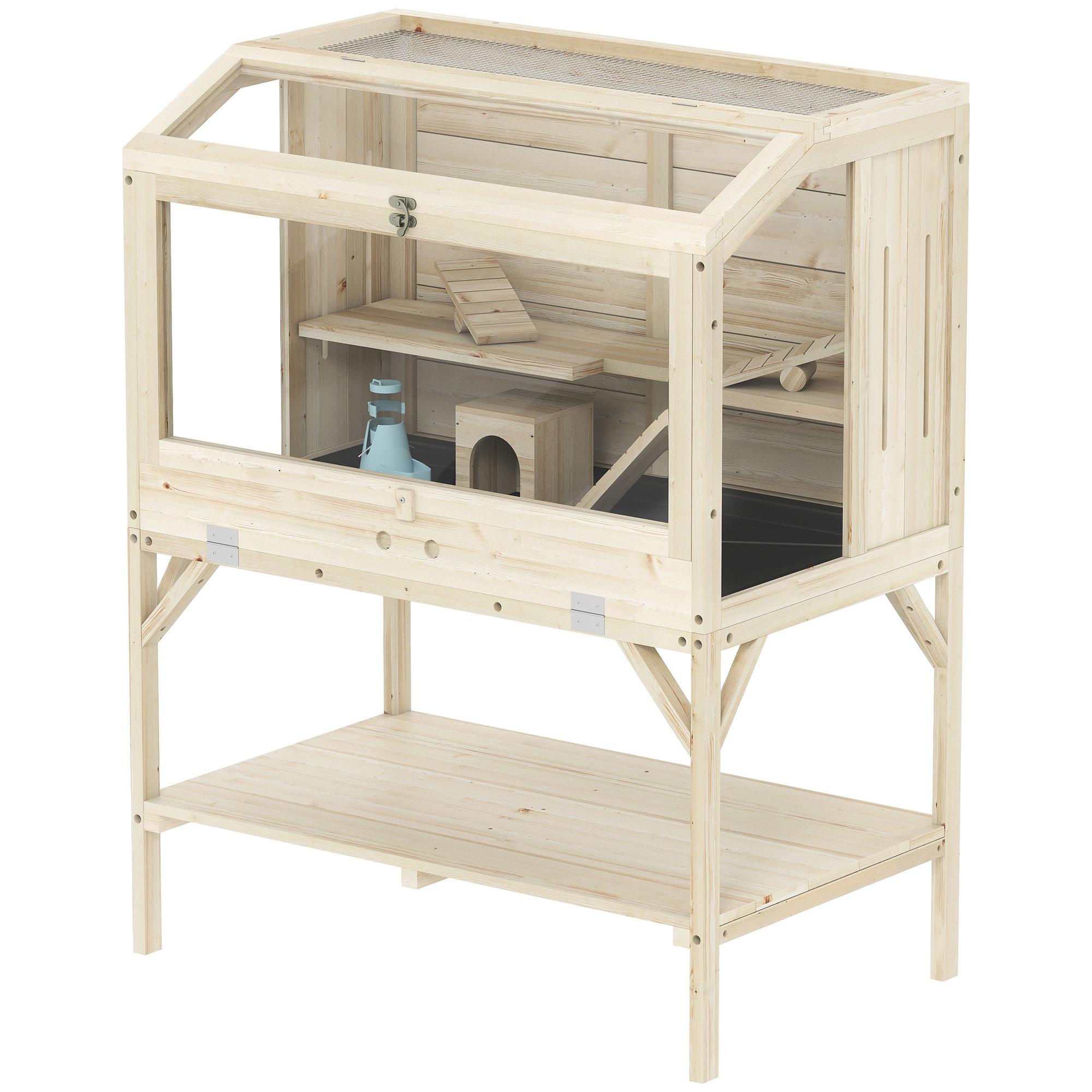 Cage hamster rongeur en bois - 2 niveaux - étagère - accessoires - 84 x 53 x 110 cm