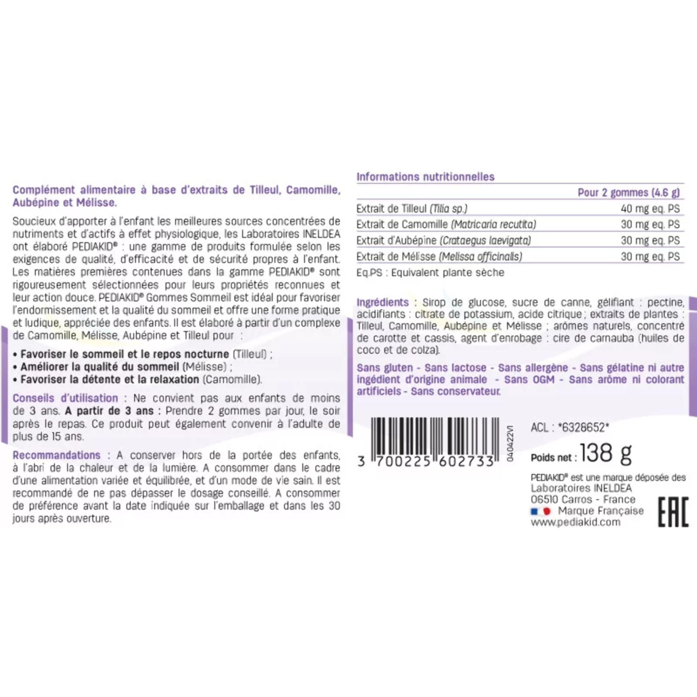 PEDIAKID - Gommes Sommeil - Complément alimentaire - Tilleul, Aubépine, Camomille & Mélisse - Facilite l'endormissement - Favorise un sommeil de meilleure qualité - Sans gélatine - 60 gommes