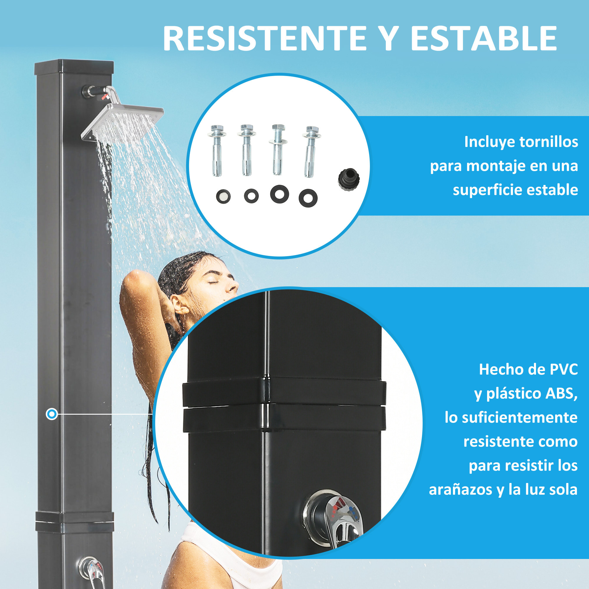 Ducha Solar Exterior 40L Ducha de Jardín con Cabezal de Ducha Grifo Agua Caliente hasta 60„ƒ y Ducha para Pies para Piscina Patio Playa 19x20x217 cm Negro