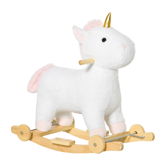 Cheval à bascule licorne porteur 2 en 1 - effet sonore - poignée structure bois de peuplier peluche douce blanche