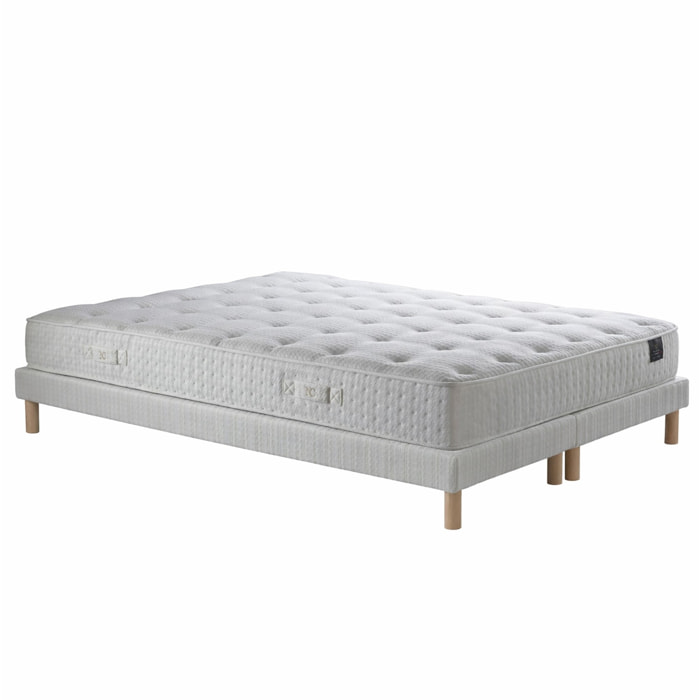 Ensemble matelas ressorts ensachés COMÈTE, H27 cm, sommier blanc pieds de poules