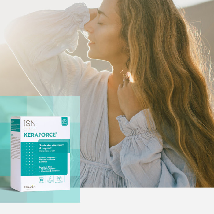 ISN - Keraforce - Complément alimentaire à base de Kératine, Levure de bière, Vitamines - Nourrit les cheveux et les ongles - Améliore la résistance et la beauté - Cure 30 jours
