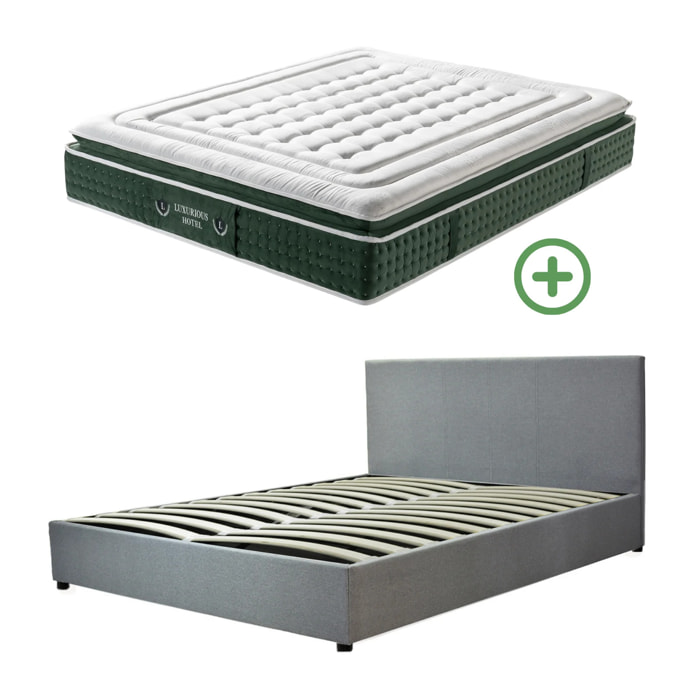 Ensemble matelas Jade & lit coffre Colisée | Mémoire de forme et ressorts ensachés | Grande capacité de stockage | Tissu | Gris clair