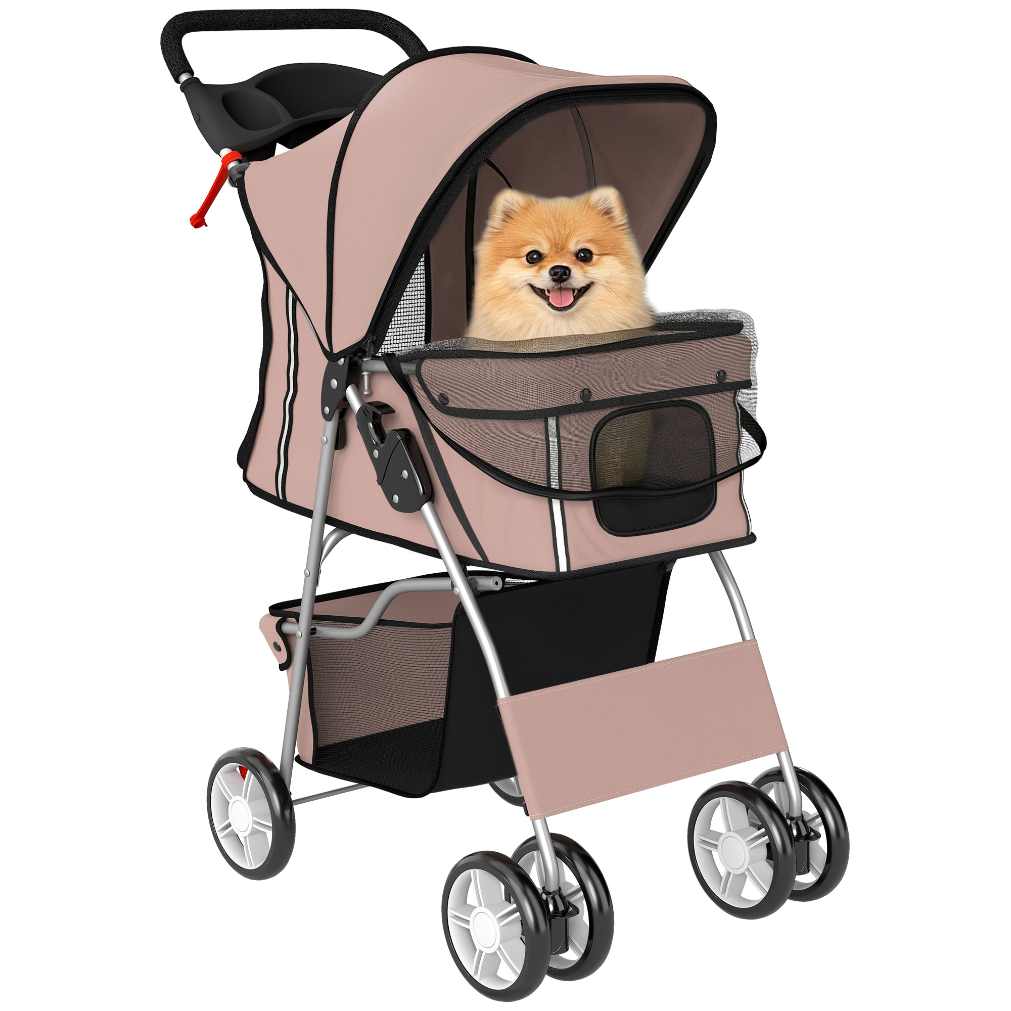 Carrito para Perros Plegable, Cochecito para Perros Pequeños con Cesta de Almacenaje, Ventanas de Malla, Portavasos, Ruedas y Cojín Lavable, Carga 10 kg, 77x44x102 cm, Café