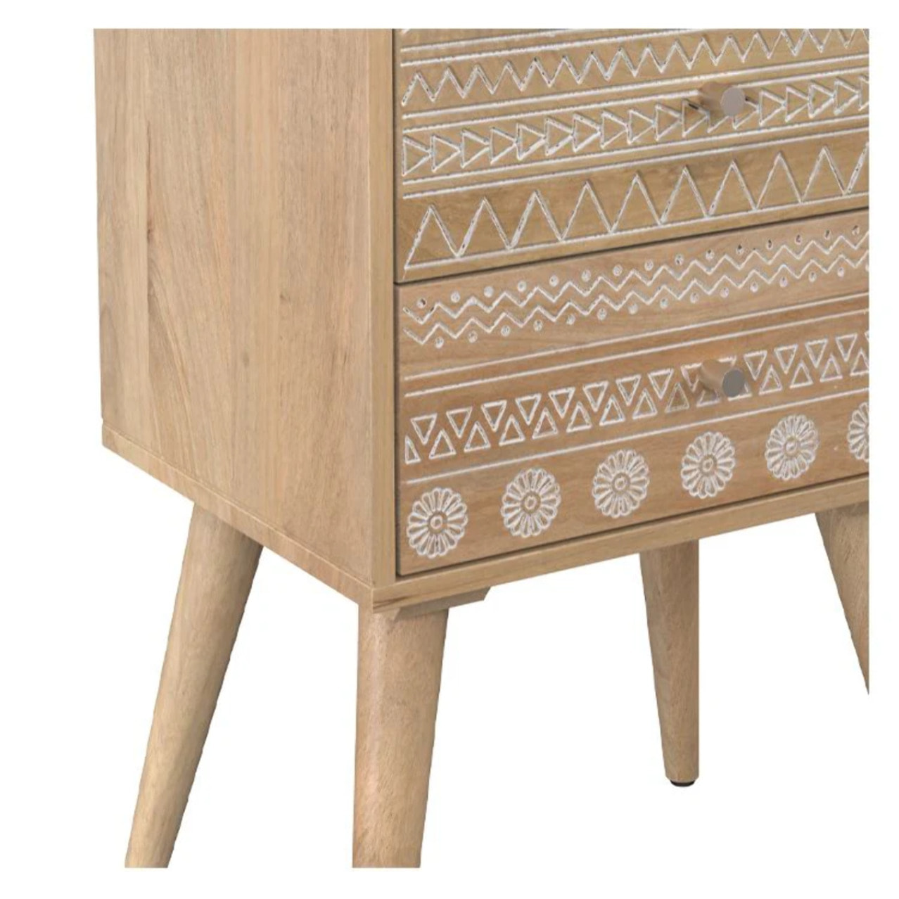 Table de chevet en bois de manguier gravé 2 tiroirs - Tiny