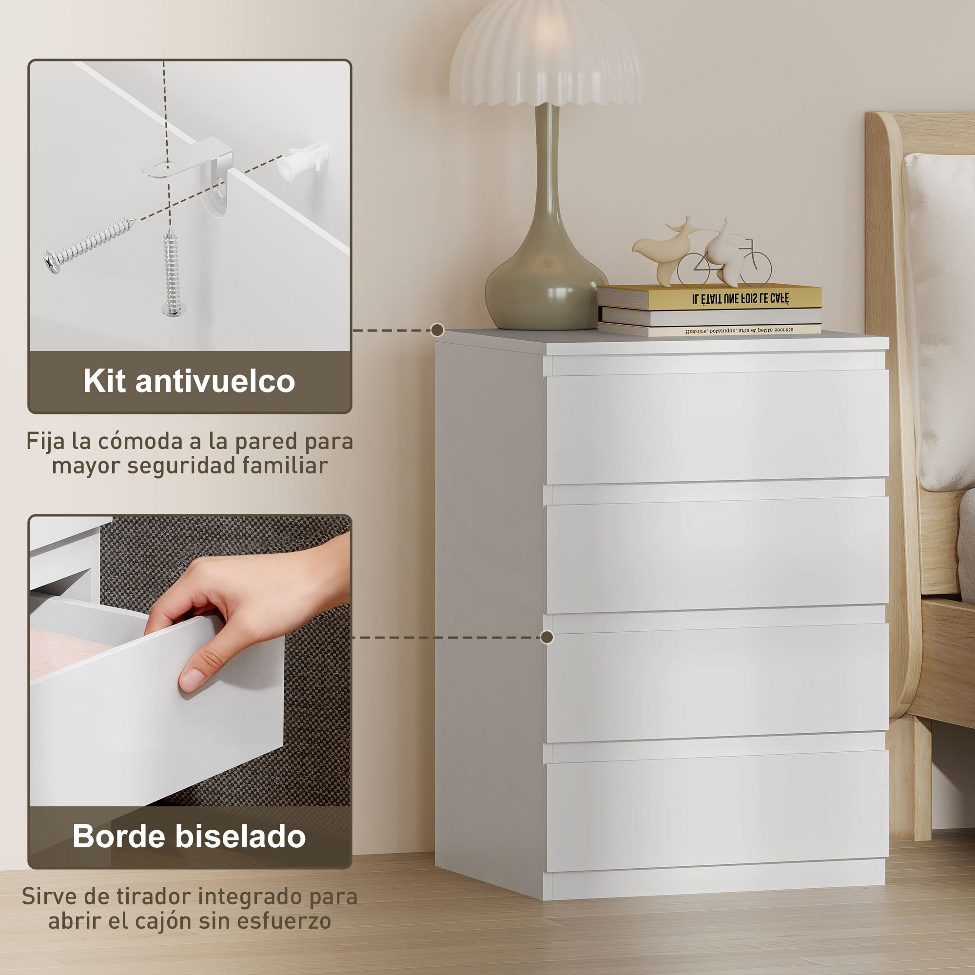Cómoda 4 Cajones con Cierre Suave, Cómoda Dormitorio, Cajonera para Salón, Oficina, Estilo Moderno, 45x40x68 cm, Blanco