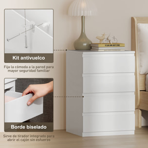 Cómoda 4 Cajones con Cierre Suave, Cómoda Dormitorio, Cajonera para Salón, Oficina, Estilo Moderno, 45x40x68 cm, Blanco