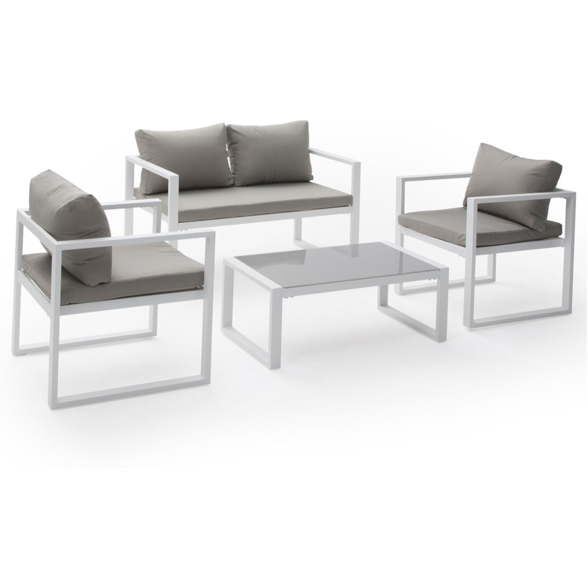 Salon de jardin IBIZA en tissu gris 4 places - aluminium blanc