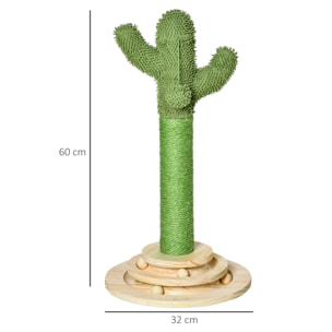 Griffoir chat design cactus - jouet pompon suspendu, jouet boules - bois de pin sisal vert