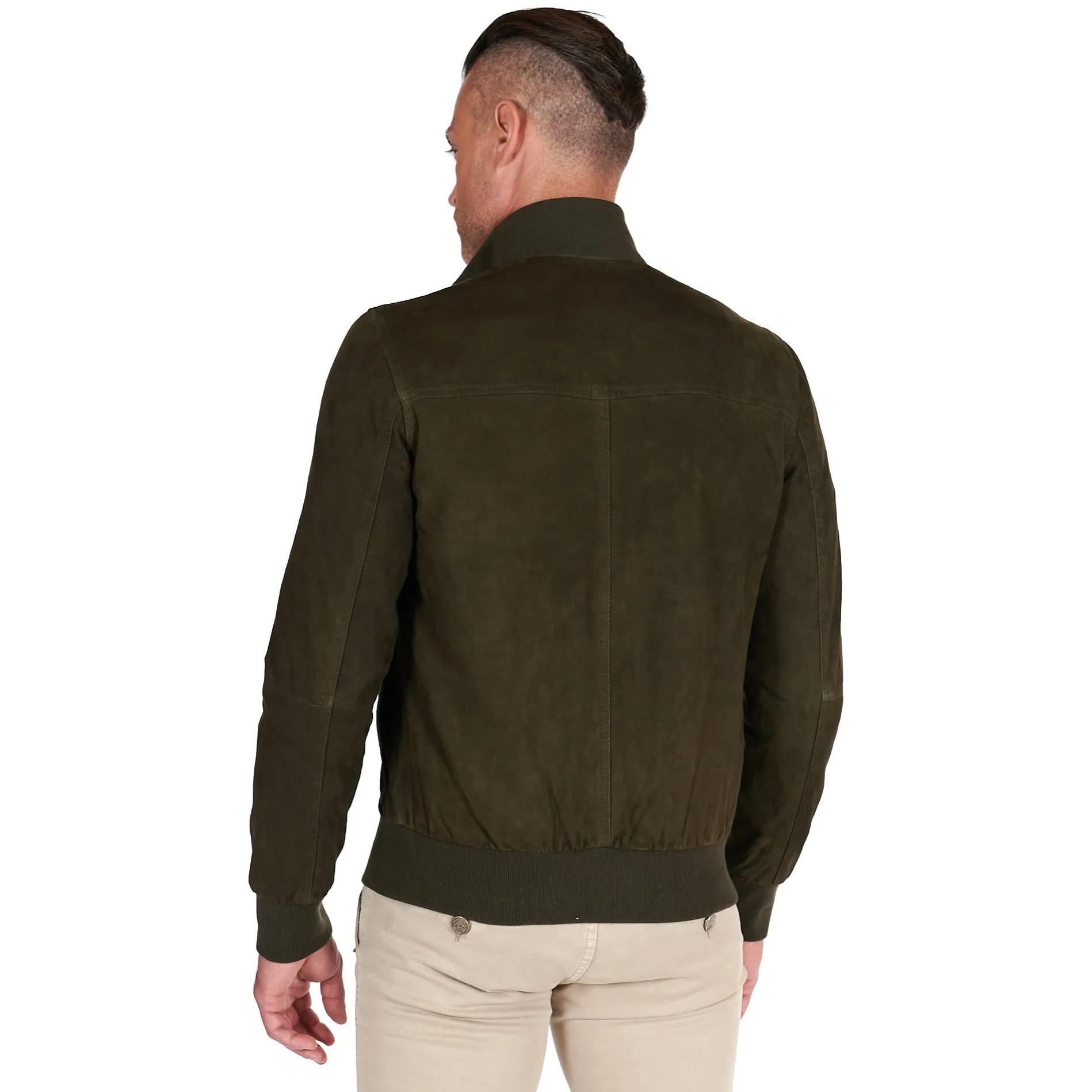 Giacca bomber in pelle camoscio verde con bottoni e tasconi