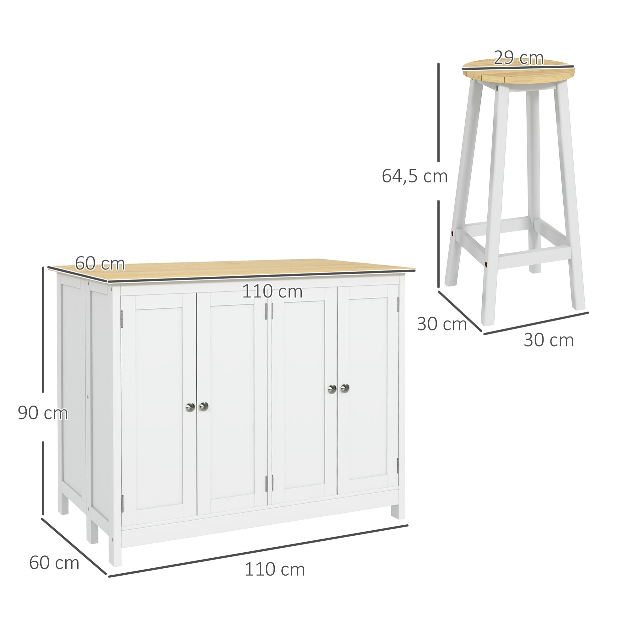 Ensemble îlot central de cuisine avec 2 tabourets de bar - 4 portes, 2 étagères - plateau, pans rabattable - MDF blanc chêne clair verni