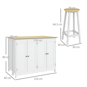 Ensemble îlot central de cuisine avec 2 tabourets de bar - 4 portes, 2 étagères - plateau, pans rabattable - MDF blanc chêne clair verni