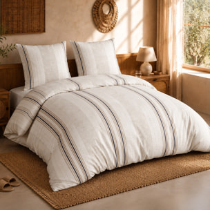 Parure housse de couette 100% percale de coton rayures verticales beige - TRANDY