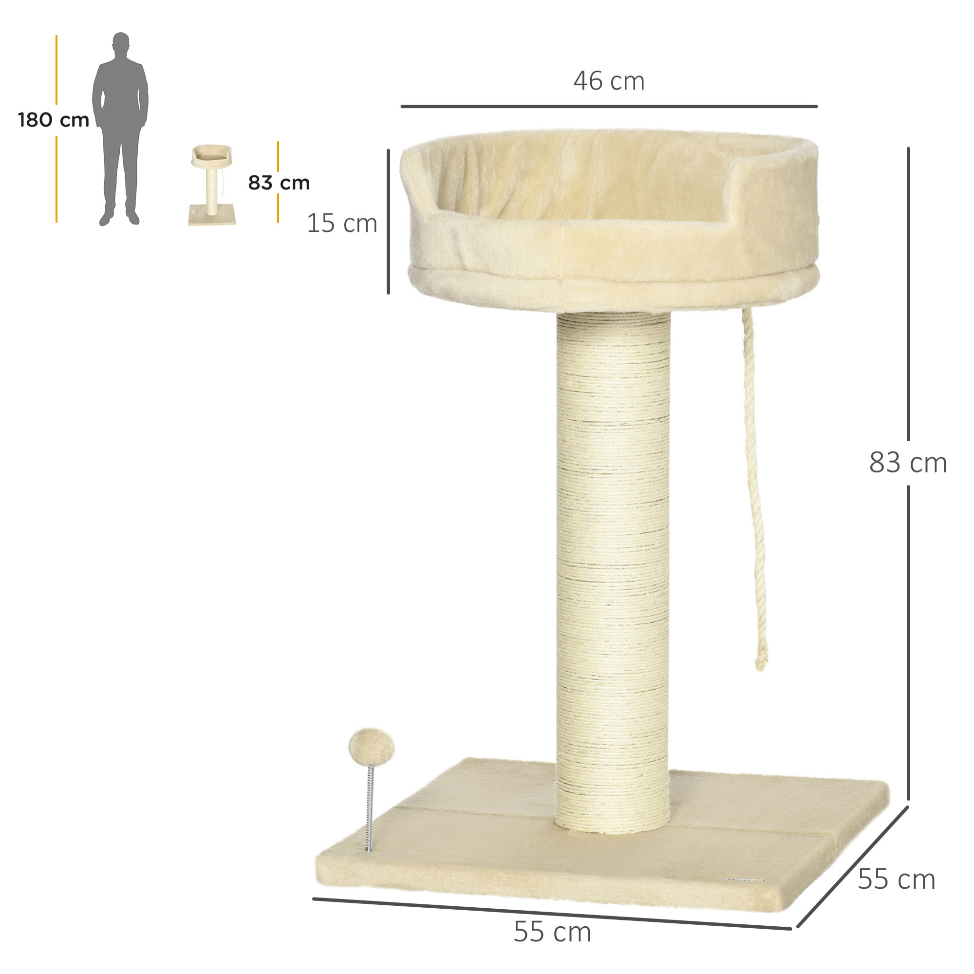 Árbol Rascador para Gatos Mini Árbol para Gatos de 2 Niveles con Plataforma Bola con Muelle Cuerda Colgante y Poste de Sisal 55x55x83 cm Beige