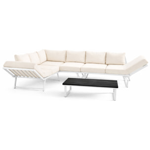 Konna - salon de jardin d'angle en acier blanc - 5 places - coussin beige et table incluse - Beige/Blanc