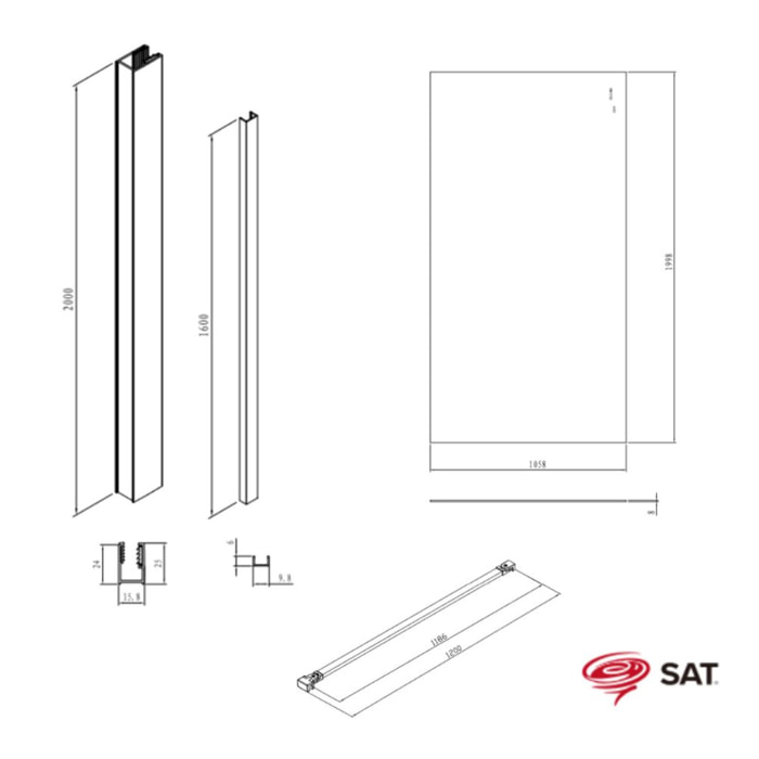Walk-in 110x200cm Paroi en verre Crystal Glass® 8 mm anticalcaire, avec bras et profilés or (SATBWI110PRZ)