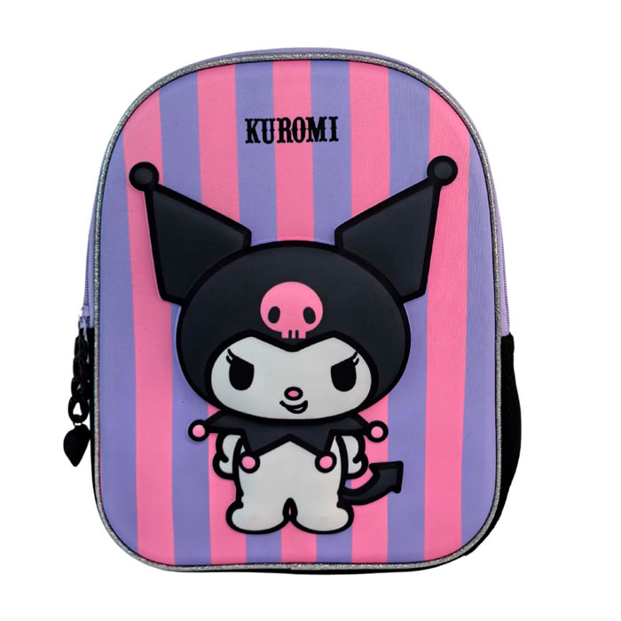Kuromi Mochila Preescolar 3D. Bolsillo lateral. Espaldera acolchada.