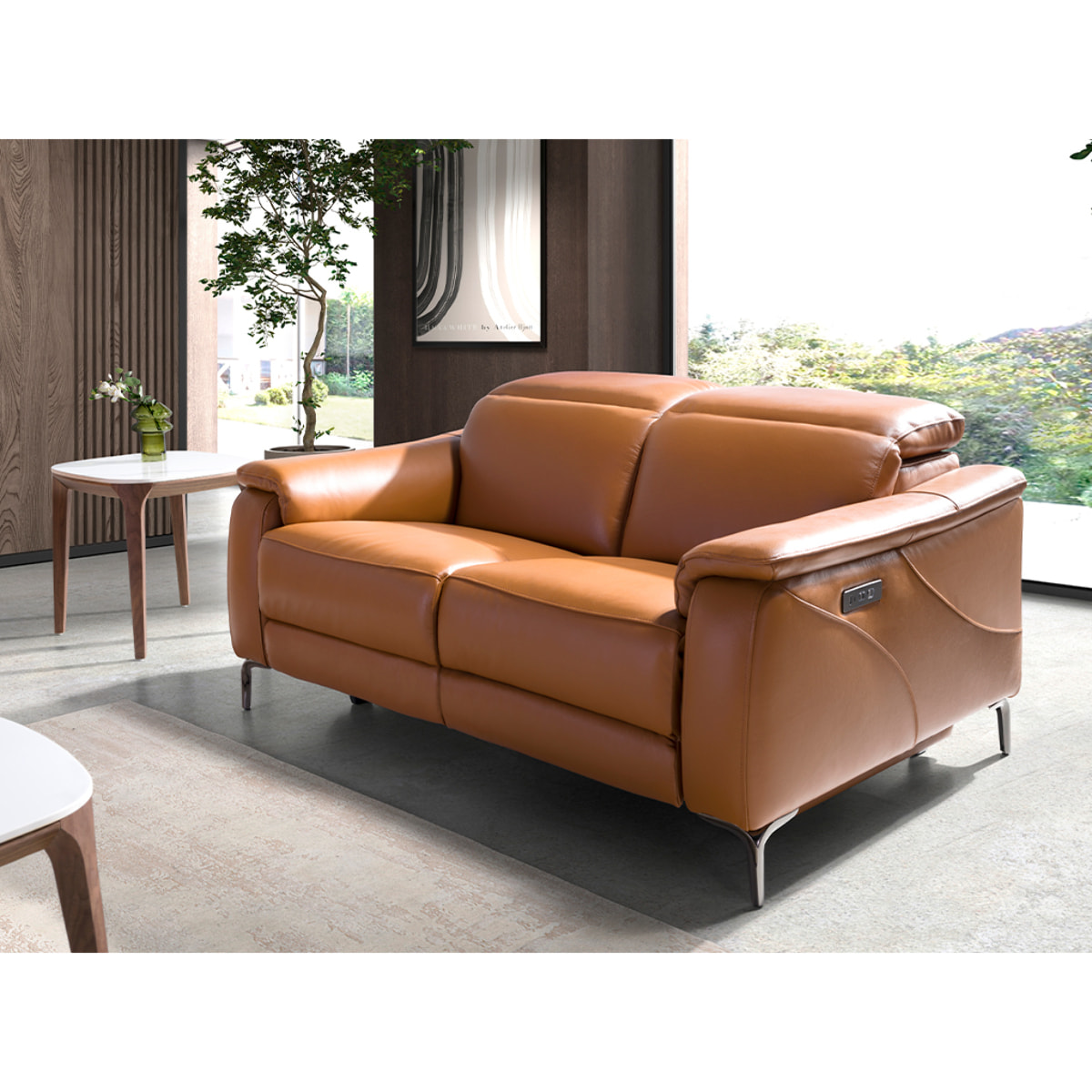 Sofá relax de 2 plazas tapizado en piel de origen vacuno en marrón con reposacabezas patas de acero inoxidable cromado oscuro 2 sistemas de relax eléctrico 154x108x77cm