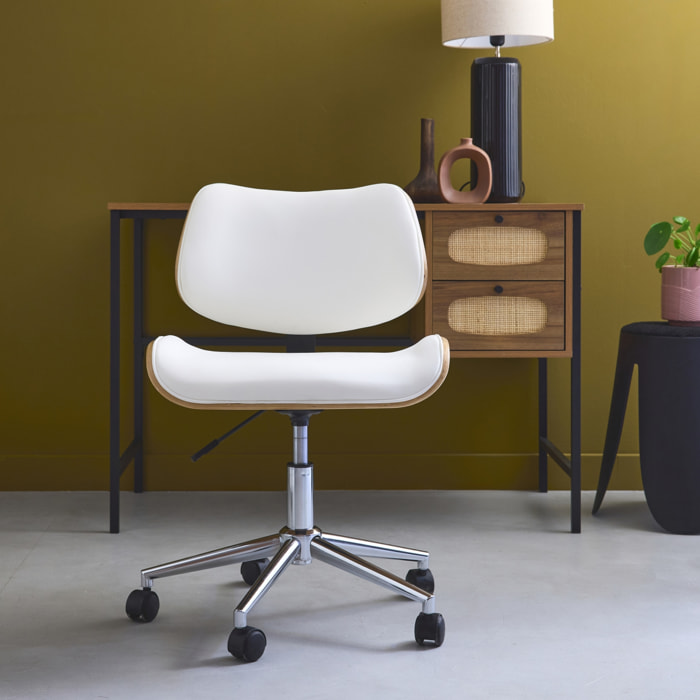 Chaise de bureau à roulettes décor bois courbé placage effet chêne et simili cuir blanc