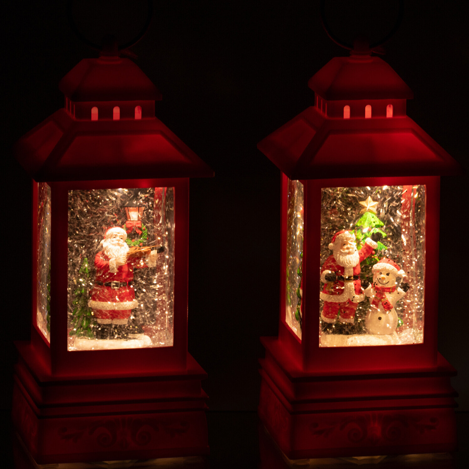 J-Line décoration Boule De Neige Lanterne Père Noël - plastique - rouge - 2 pcs