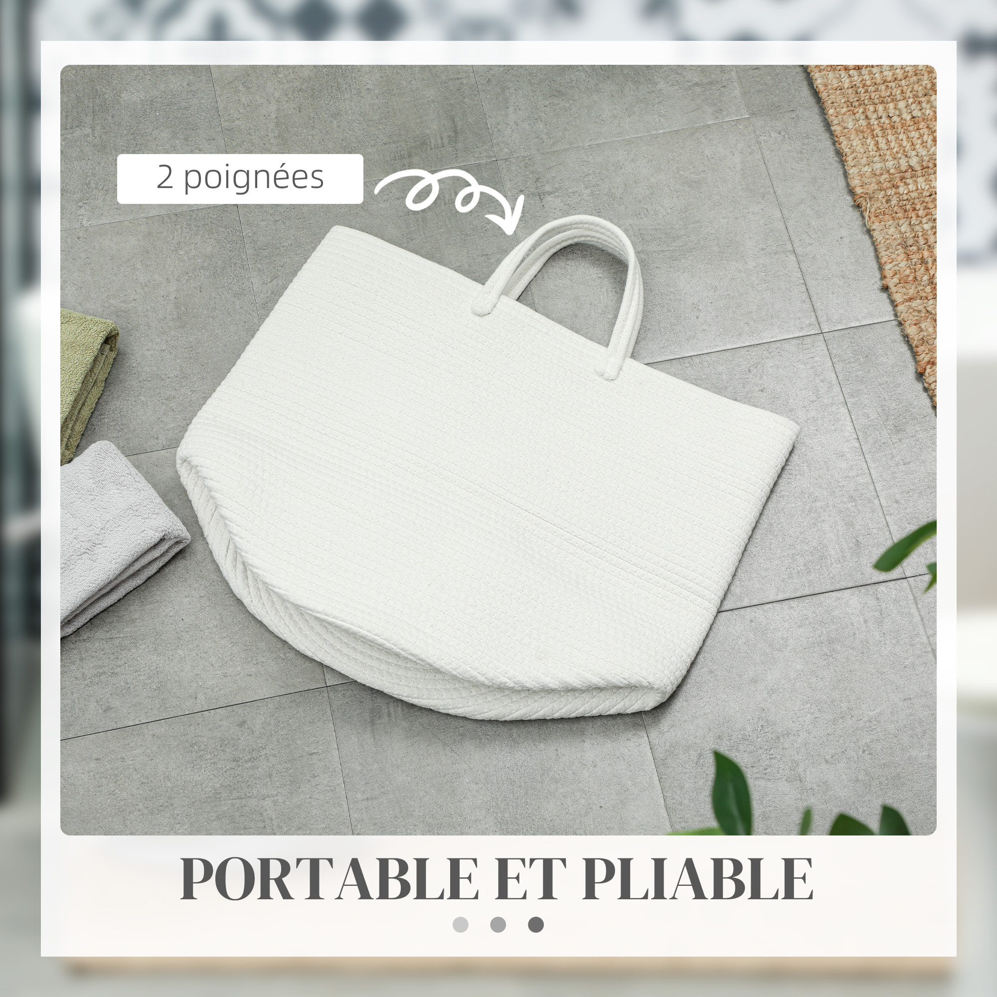 Panier à linge 36L corbeille à linge pliable portable en coton 2 poignées blanc crème