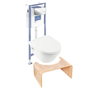 Pack WC sans bride Architectura avec abattant + bâti-support sol et mur Viconnect PRO + plaque chromée brillant  + Tabouret bois