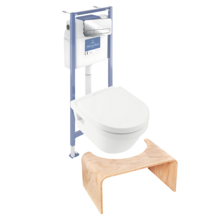 Pack WC sans bride Architectura avec abattant + bâti-support sol et mur Viconnect PRO + plaque chromée brillant  + Tabouret bois