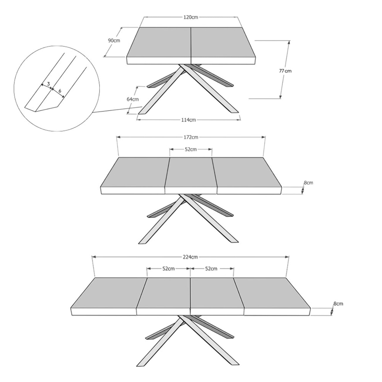 Mesa extensible 90x120/224 cm Karida Premium nogal patas blanca