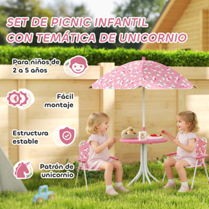Conjunto de Mesa y Sillas Infantil de Jardín de 4 Piezas, Mesa Infantil con Sillas Plegables, Sombrilla Desmontable, Diseño de Unicornios y Arcoíris, para Patio, Pícnic, Rosa