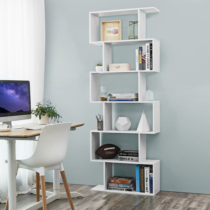 Libreria a zig-zag moderna bianca a 6 ripiani