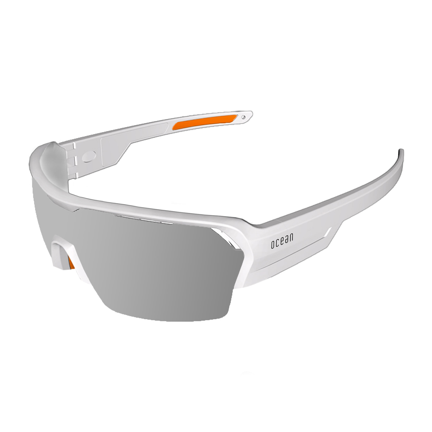 Gafas de deportes acuáticos OCEAN RACE - Blanco mate / Revo gris y plaquetas y puntas naranjas
