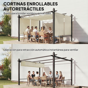 Pérgola de Jardín 4x3 m con Techo Retráctil y 4 Cortinas Enrollables Automáticas, Cenador de Jardín con Protección UV50+, Estructura de Aluminio, Drenaje, Pabellón para Exterior, Crema