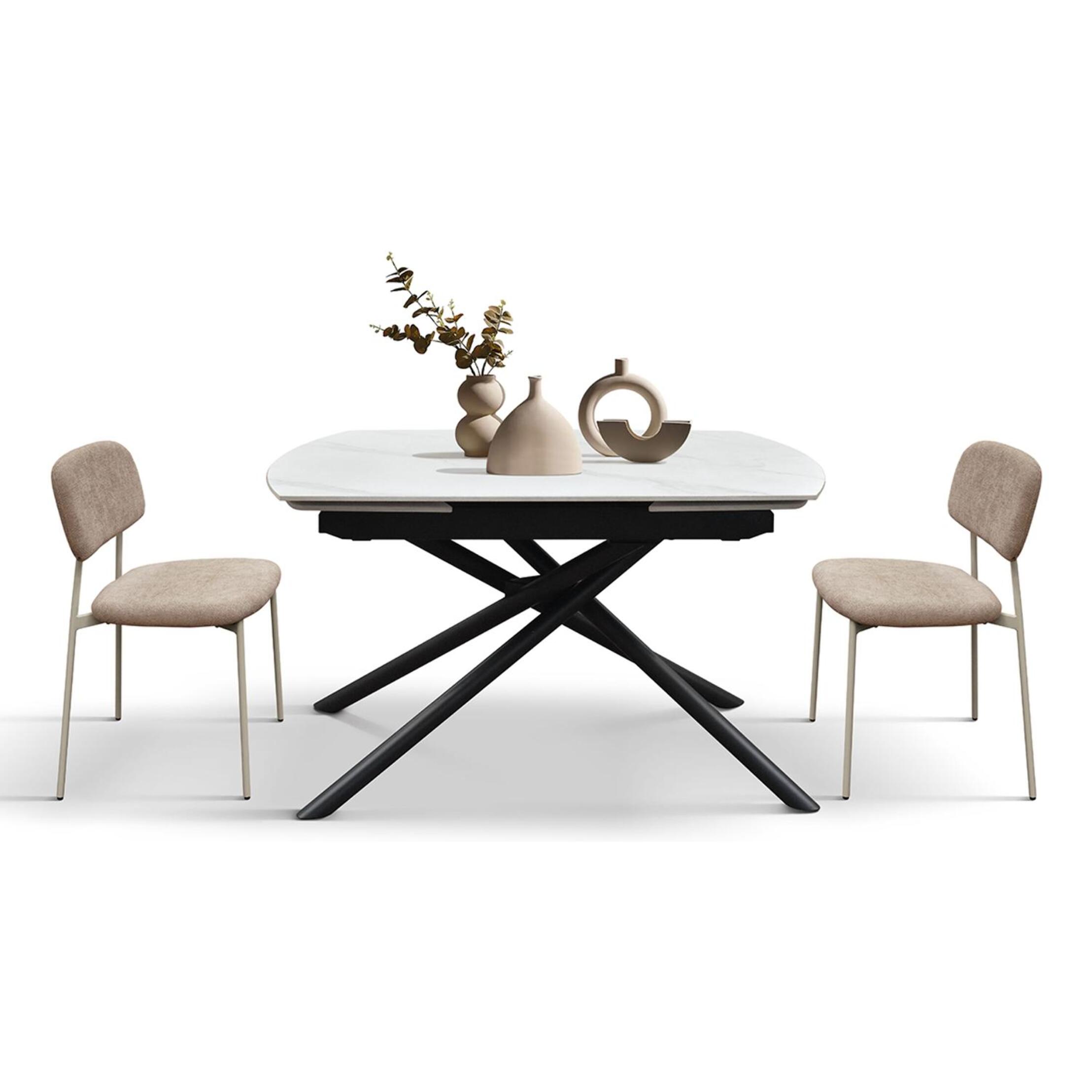 Tavolo BONIFACIO in ceramica bianco statuario e base in metallo verniciato nero, allungabile 120x88 cm - 180x88 cm