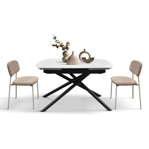 Tavolo BONIFACIO in ceramica bianco statuario e base in metallo verniciato nero, allungabile 120x88 cm - 180x88 cm