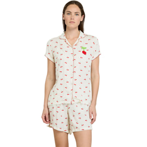 Pigiama donna in viscosa con top a manica corta taglio uomo e pantaloncini con stampa ciliegie articolo summer and fruits Noidinotte