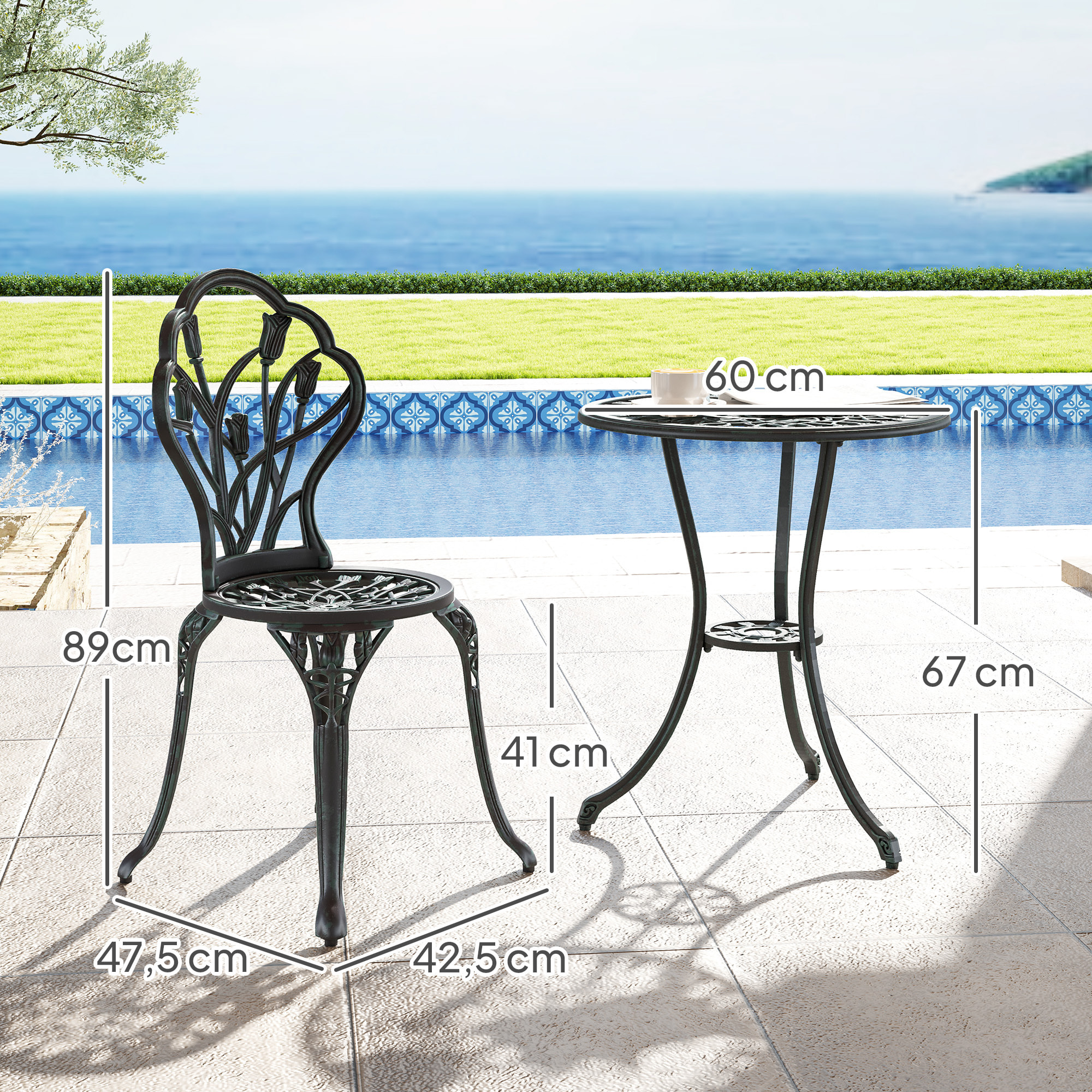 Ensemble salon de jardin 2 places 2 chaises + table ronde fonte d'aluminium imitation fer forgé noir effet vieilli