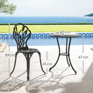 Ensemble salon de jardin 2 places 2 chaises + table ronde fonte d'aluminium imitation fer forgé noir effet vieilli
