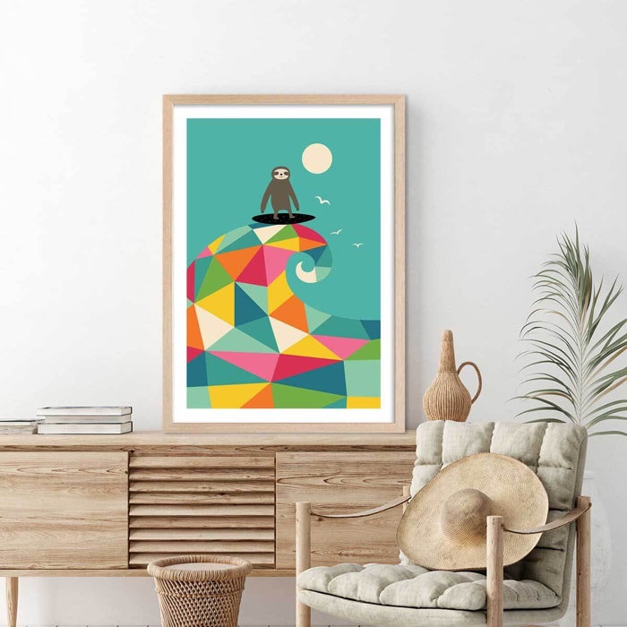 Affiche enfant surf session colorée Affiche + cadre en bois - Chêne