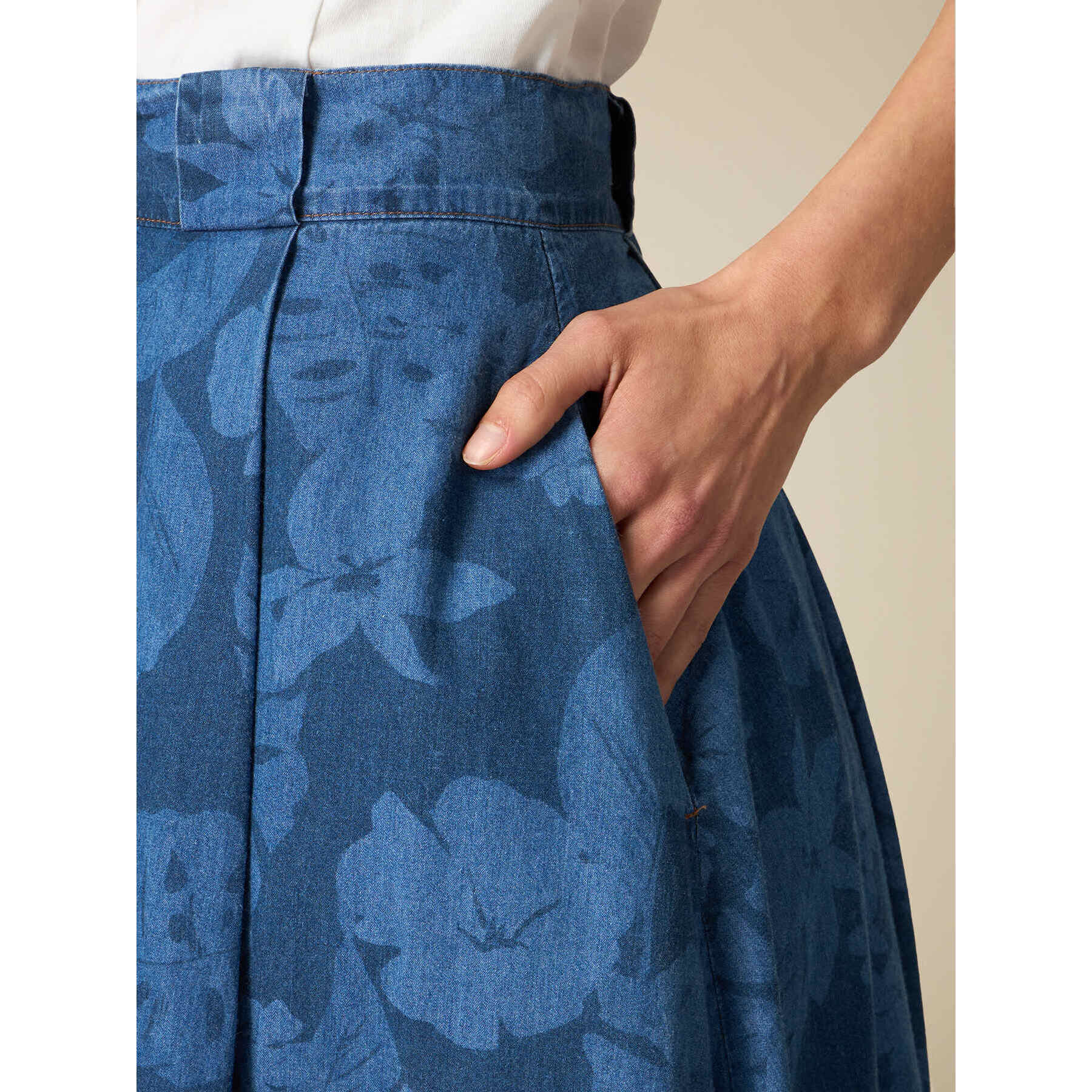 Oltre - Falda midi efecto denim estampado - Azul