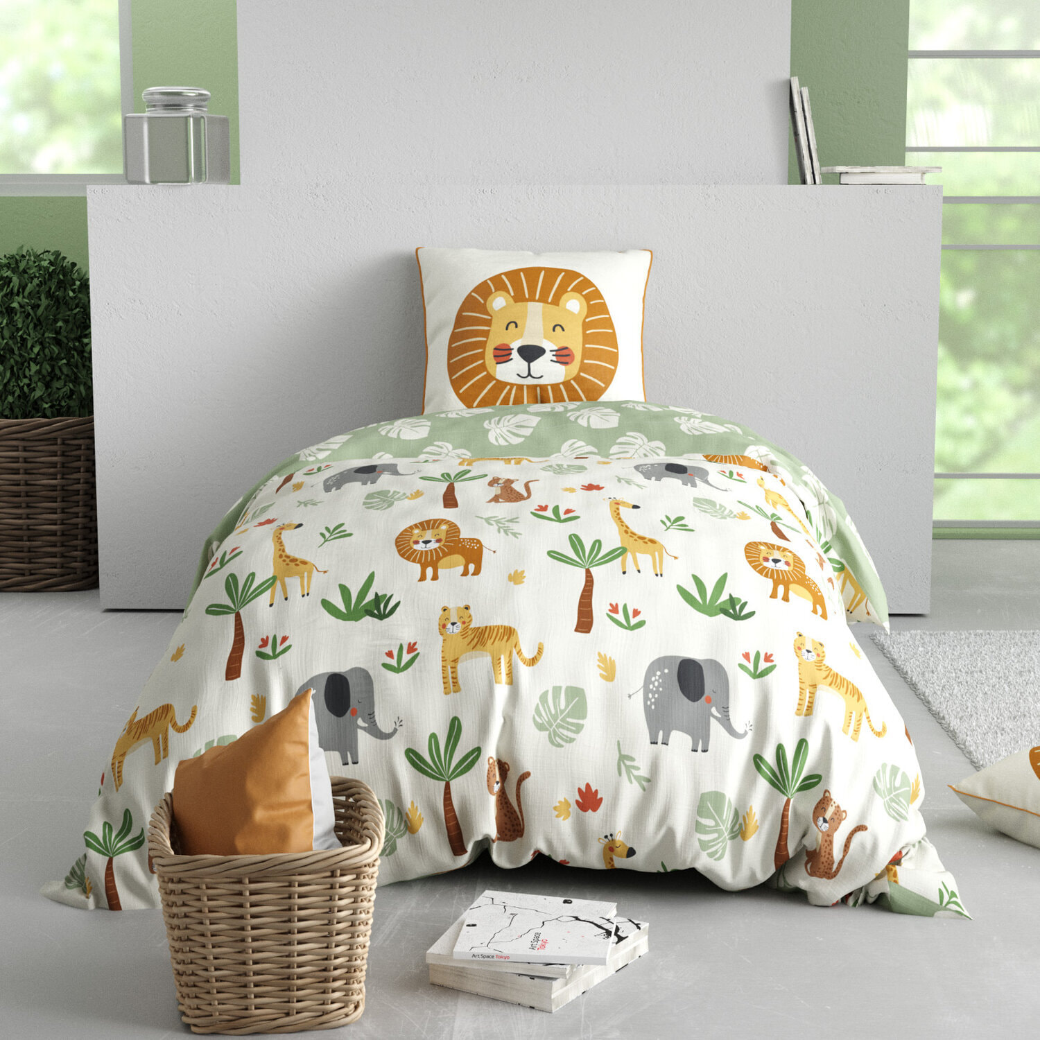 Parure de lit enfant imprimé 100% coton - savane - vert