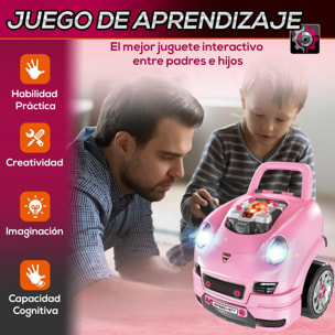 Motor de Camión para Niños de +3 Años Conjunto de Motor de Juguete con 61 Piezas Volante Bocina Faros Caja de Almacenaje y Ruedas 40x39x47 cm Rosa