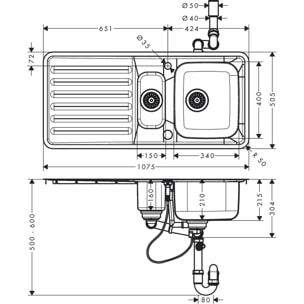 Evier encastré 340/150/400 avec égouttoir acier inoxydable S41