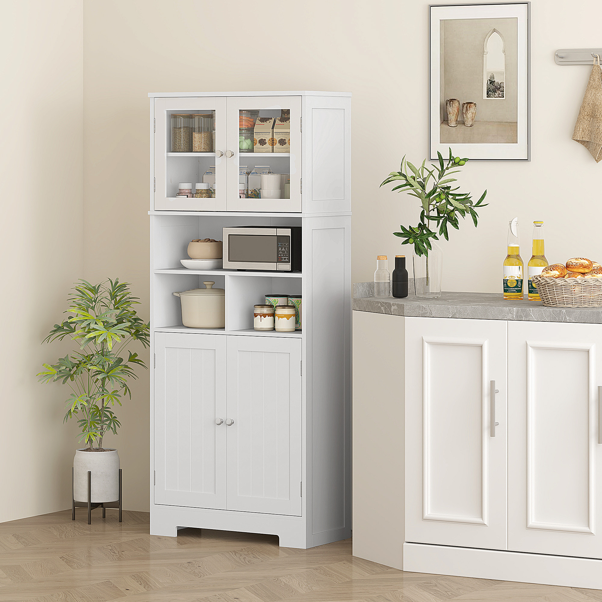 Alacena de Cocina Mueble Auxiliar de Cocina Aparador Alto con 2 Puertas de Vidrio Estantes Ajustables y Compartimentos Abiertos 60x30x145,5 cm Blanco